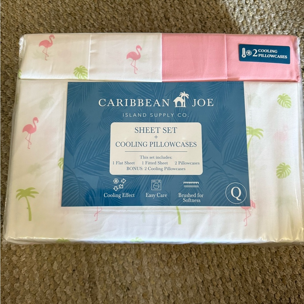 Caribbean Joe Pink and White Sheet Queen size Set Tropical Design